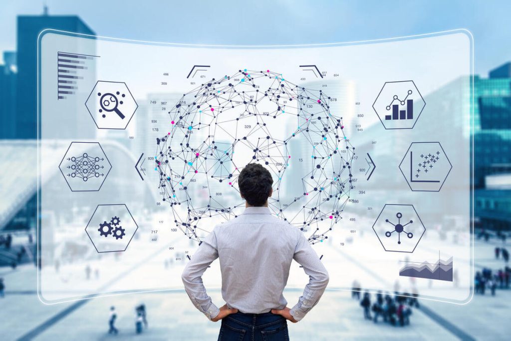 Big Data Analytics Visualization Technology With Scientist Analyzing Information Structure On Screen With Machine Learning To Extract Strategical Prediction For Business, Finance, Internet Of Things